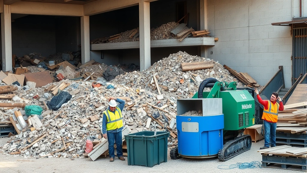 Circular economy construction site showing material sorting, recycling equipment, and workers processing building demolition waste into reusable components