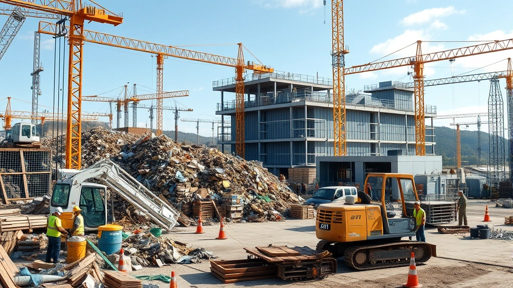 Circular economy construction site showing material sorting, component reuse, and modular building systems with workers and equipment, photorealistic industrial setting without charts
