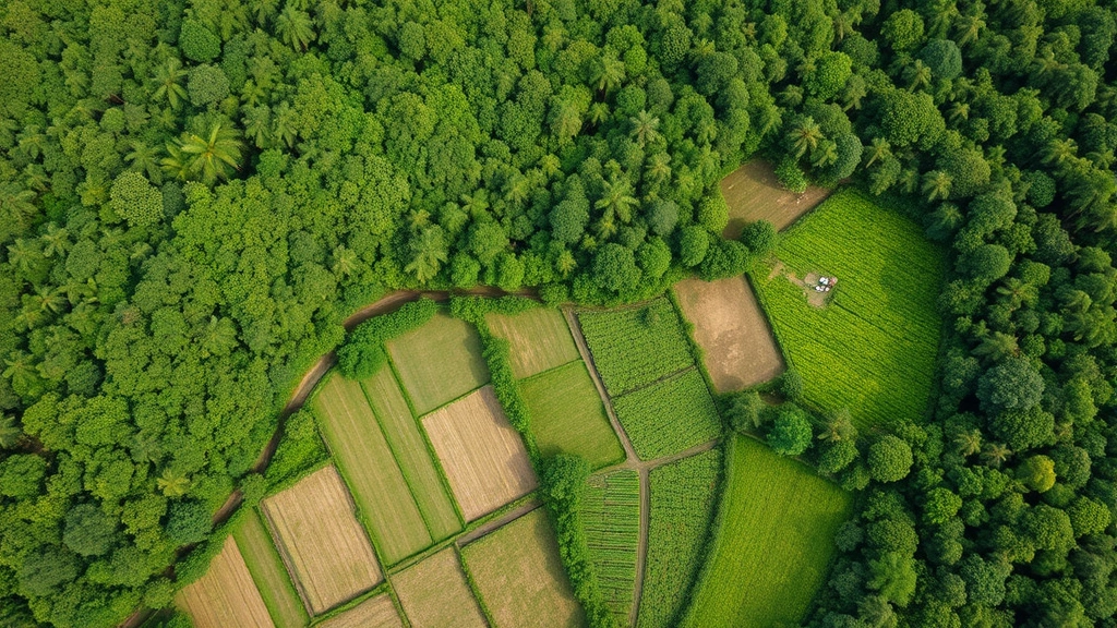 Aerial view of lush green forest canopy meeting organized agricultural fields with small-scale farmer communities working together, demonstrating equitable resource management and environmental stewardship with visible community cooperation