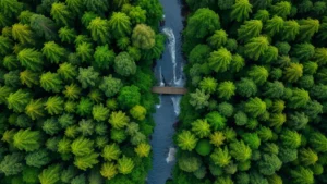 Aerial view of forest canopy with river winding through, vibrant green ecosystem demonstrating biodiversity and natural capital value
