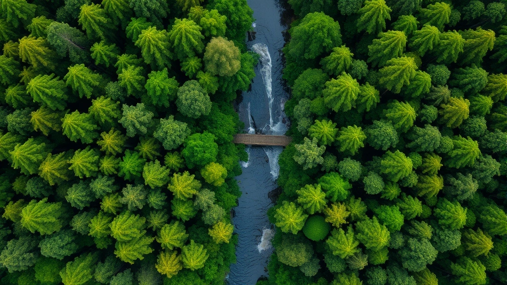 Aerial view of forest canopy with river winding through, vibrant green ecosystem demonstrating biodiversity and natural capital value