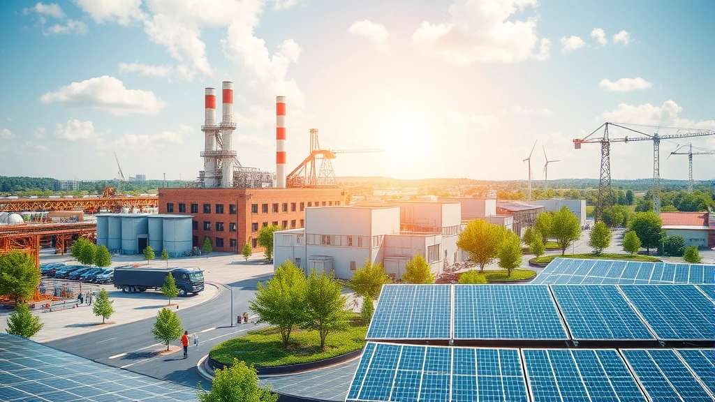 Industrial facility with modern renewable energy panels and green spaces integrated, showing economic development with ecological integration and sustainable technology adoption