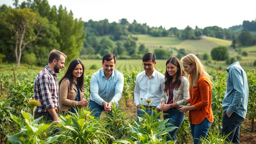 Diverse group of business professionals and environmental scientists collaborating around sustainable agriculture field, representing interdisciplinary approach to economy-ecosystem balance