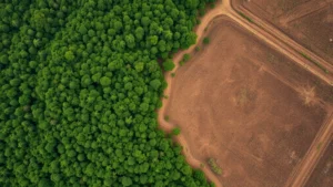 Aerial view of deforestation transition zone where pristine tropical rainforest meets cleared agricultural land, showing stark contrast between green dense forest canopy and brown bare earth with logging roads, photorealistic, no text