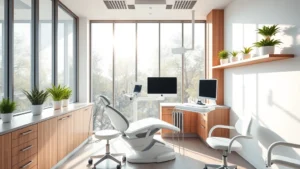 Modern dental operatory with abundant natural light streaming through large windows, natural wood cabinetry, potted green plants on shelves, and white modern chairs, soft morning sunlight illuminating the clinical space