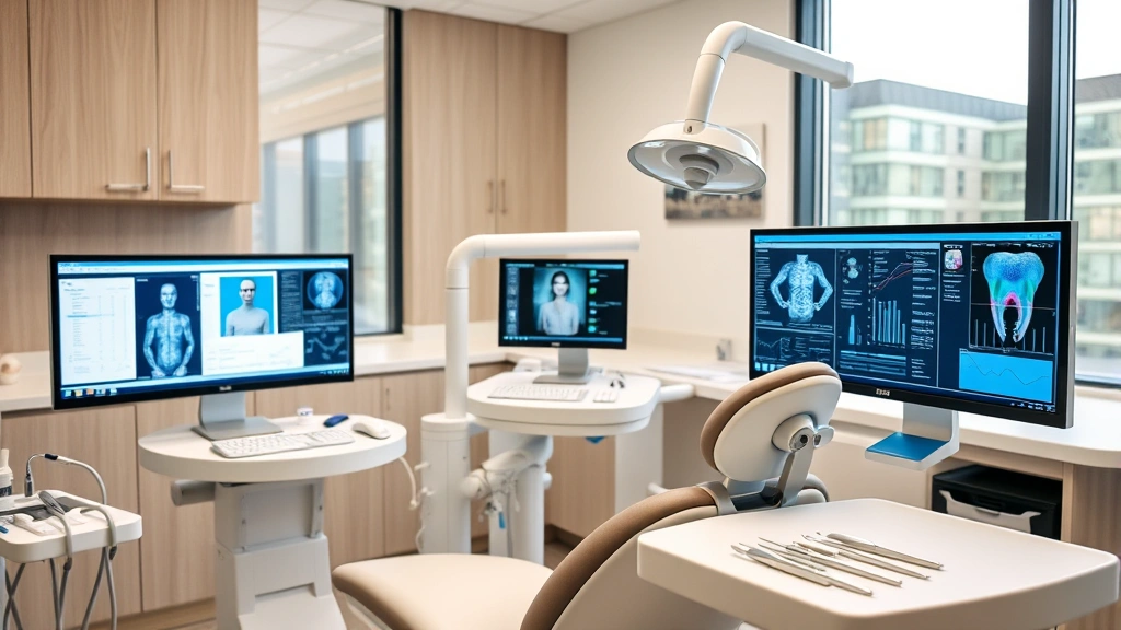 Dentist in modern clinical workspace with digital patient records displayed on computer screens, contemporary dental operatory with ergonomic equipment, professional work environment with natural lighting and organized instrument trays