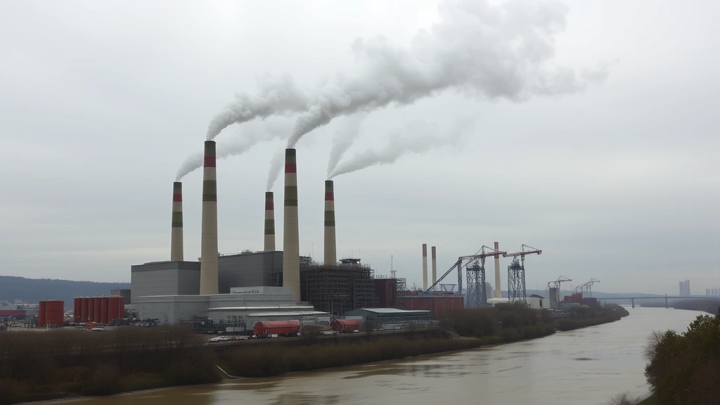 Industrial manufacturing facility with multiple smokestacks emitting gray smoke against overcast sky, adjacent river with visible pollution discoloration, realistic environmental impact documentation style, no text or labels