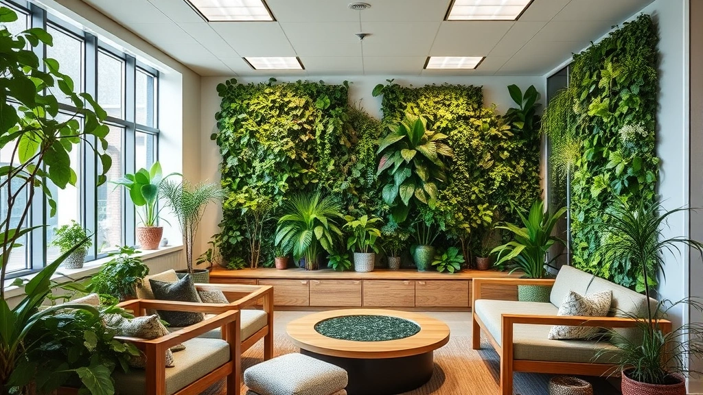 Biophilic office break room with living plant wall, natural wood furniture, soft diffused lighting, water feature, comfortable seating area with natural fiber textiles, promoting relaxation and stress relief