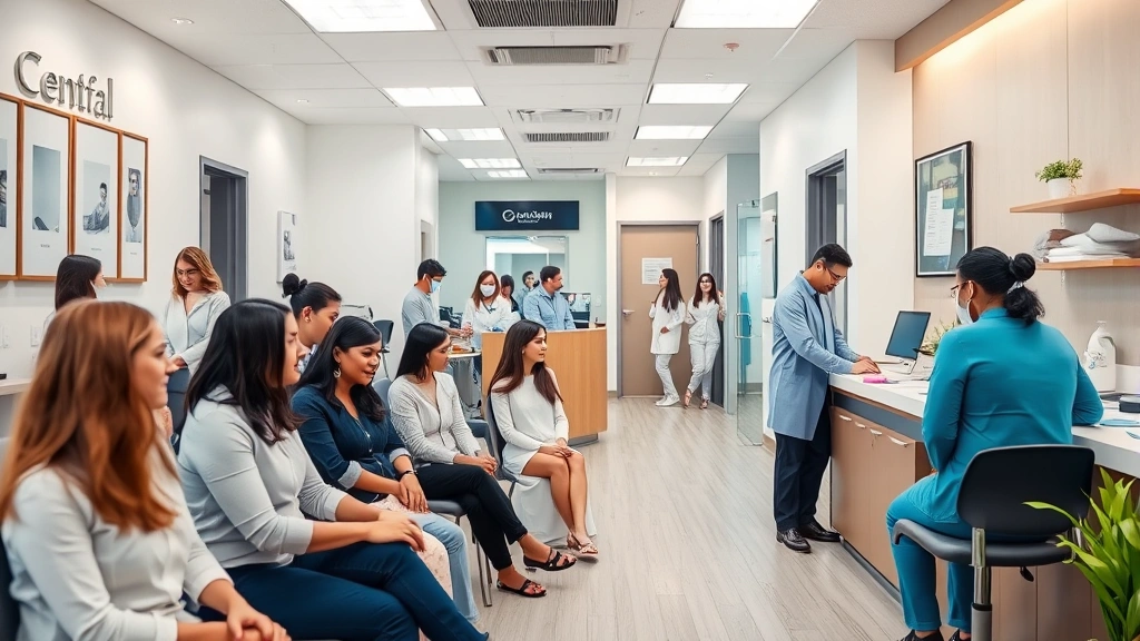 Busy dental practice reception area with diverse patients waiting, administrative staff processing appointments at desk, contemporary clinic interior with professional decor, welcoming healthcare environment with multiple staff members collaborating
