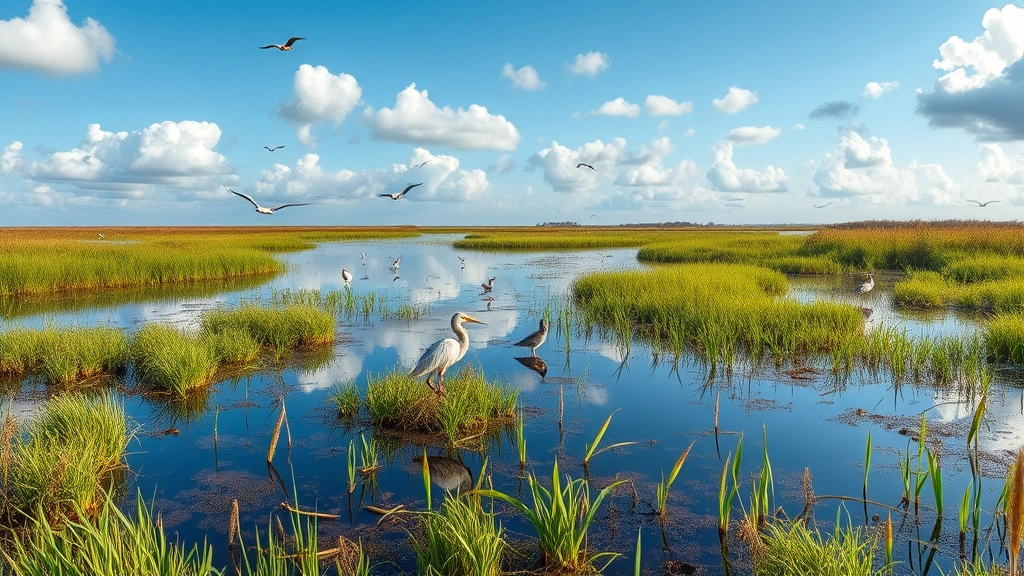 Restored wetland ecosystem with water reflecting sky, native marsh grasses, and diverse birdlife in natural habitat, photorealistic nature photography showcasing ecosystem recovery and biodiversity, no text