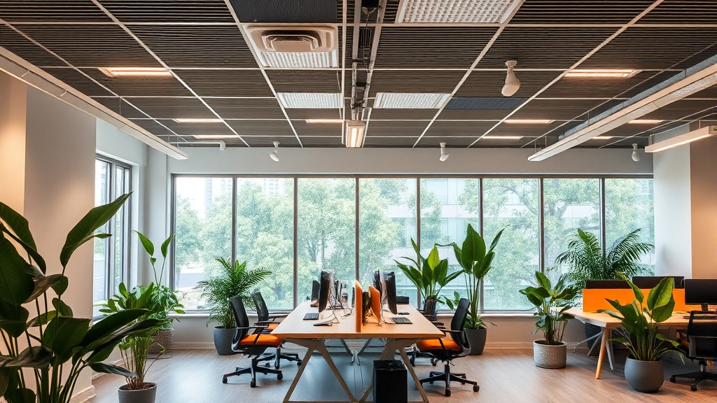 Green-designed professional workspace showing air purification plants, ergonomic workstations with natural materials, warm ambient lighting, acoustic ceiling panels, calm neutral color palette with nature-inspired elements