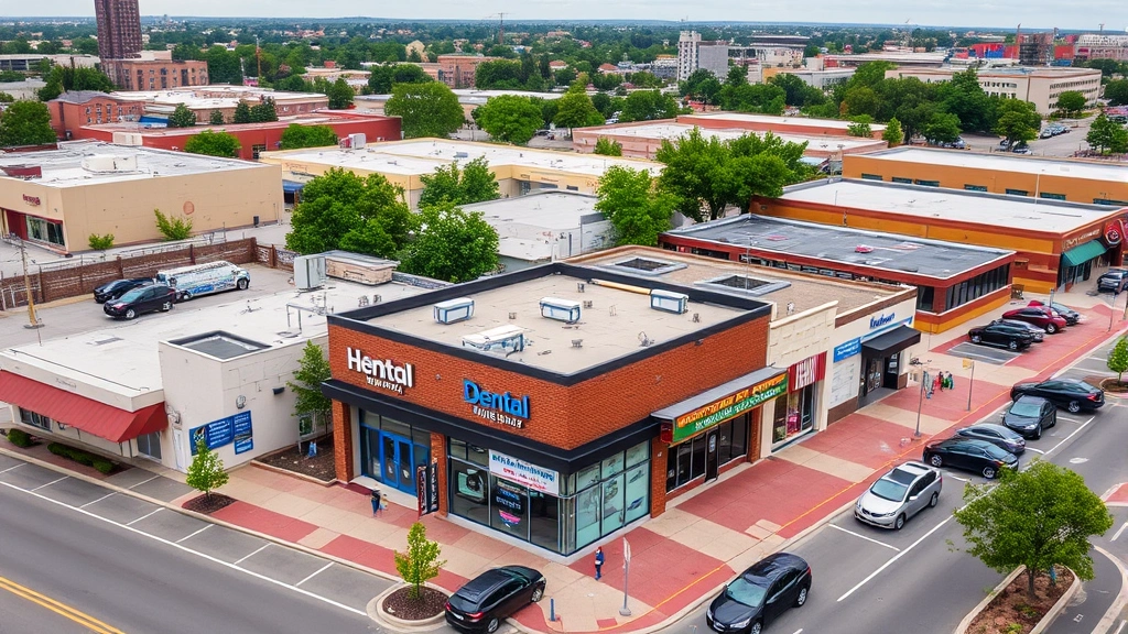 Aerial view of commercial professional district with dental offices integrated among medical practices, pharmacy, and professional services, downtown business area with parked vehicles and pedestrian activity, urban commercial real estate development