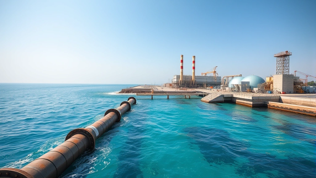 Coastal desalination facility with intake pipes extending into turquoise seawater, industrial structures against clear sky, photorealistic detail of marine environment adjacent to infrastructure
