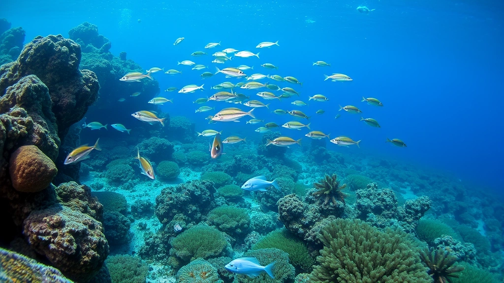 Underwater marine ecosystem showing fish school, coral formations, and seagrass beds in healthy condition with natural blue ocean lighting and diverse marine life