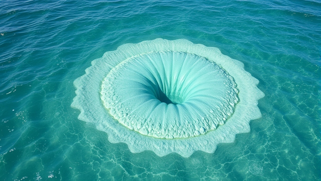 Brine discharge plume in ocean water showing distinct hypersaline gradient, concentrated mineral-rich water meeting clearer seawater, visible density difference creating visible water boundary