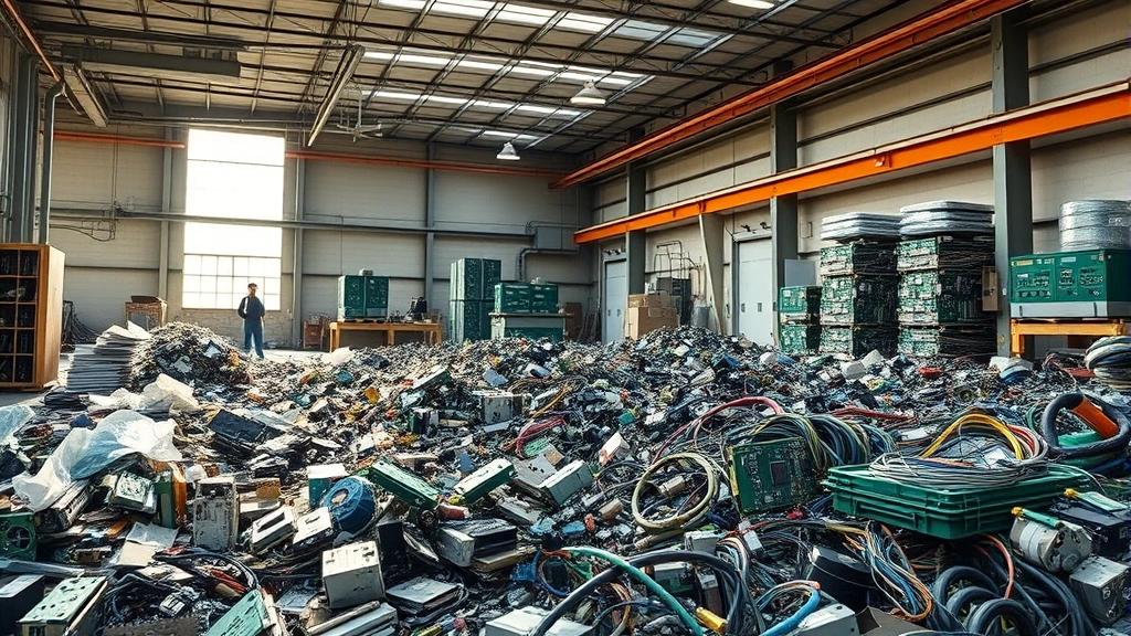 Recycling facility with separated electronic components and circuit boards, workers sorting materials with natural light streaming through industrial windows