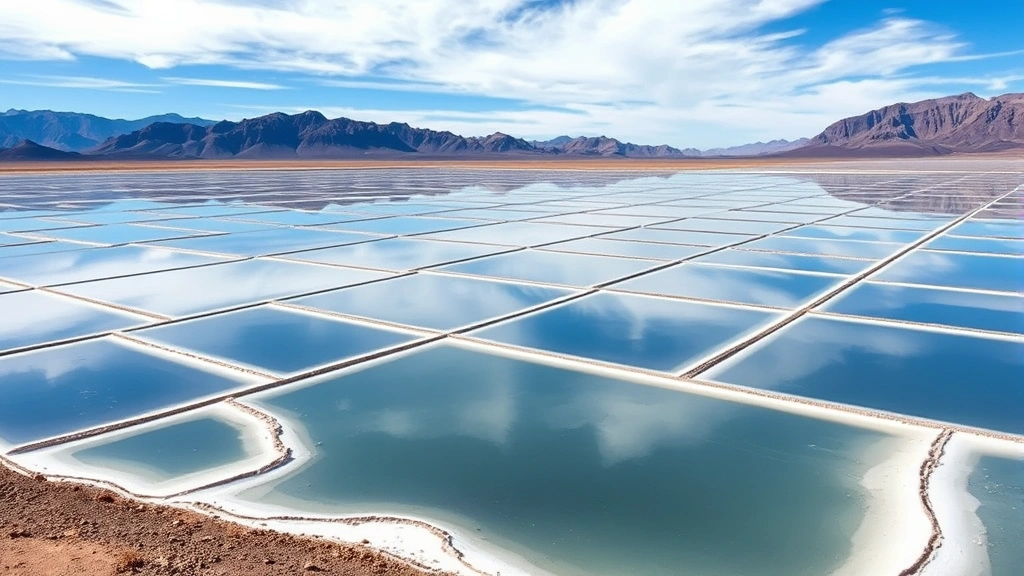 Vast lithium salt flats in Atacama Desert with geometric evaporation ponds reflecting sky, surrounding barren mountains and sparse vegetation, depicting water-intensive mineral extraction landscape