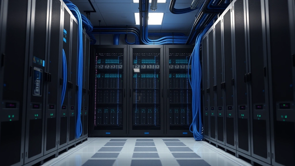 Data center interior with server racks and blue cooling systems, photorealistic industrial facility showing computational infrastructure, subtle environmental impact visualization through scale and complexity