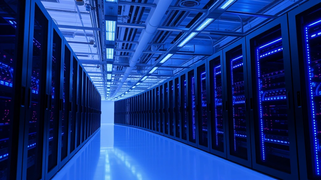 Modern data center facility with rows of server racks, blue LED lights, cooling systems, industrial infrastructure, technological power consumption, clean facility environment, photorealistic professional setting