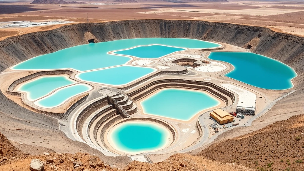 Open-pit lithium mine with bright turquoise evaporation ponds in desert landscape, showing scale of mineral extraction for battery technology