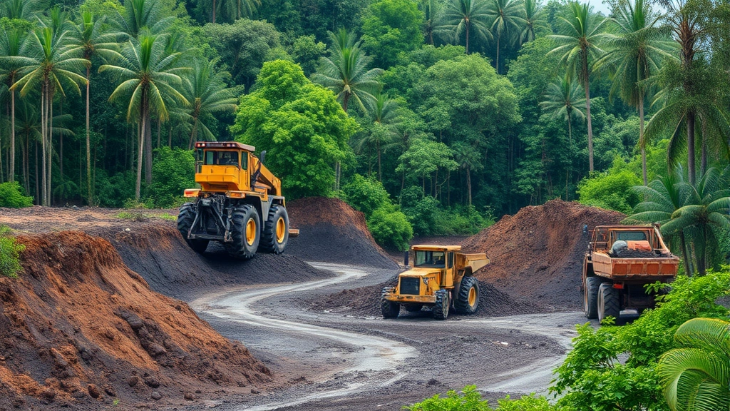 Dense forest clearing with heavy machinery extracting rare earth minerals, showing environmental damage from mining operations with exposed soil, displaced vegetation, and industrial equipment in tropical ecosystem