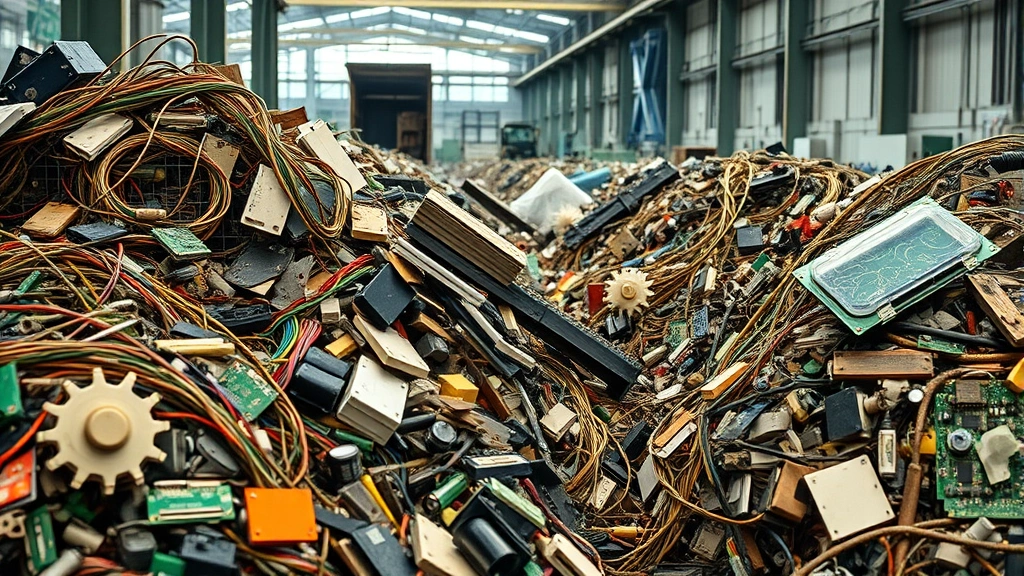 Electronic waste recycling facility with sorted materials including circuit boards and metal components, photorealistic industrial scene showing material recovery and circular economy processes, natural lighting highlighting resource value