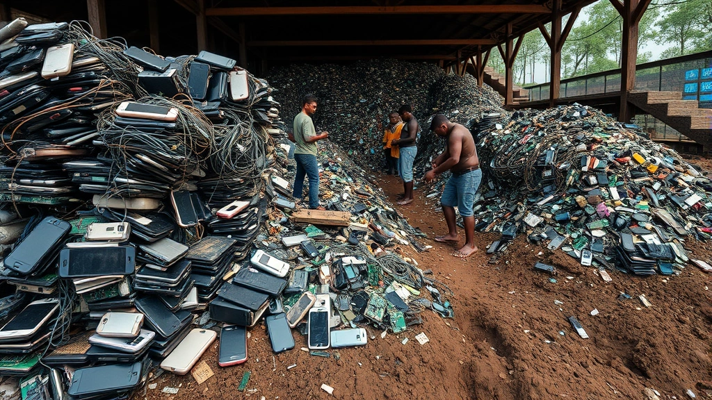 Electronic waste recycling facility in developing region showing stacked discarded smartphones, circuit boards, cables, informal workers sorting materials, environmental contamination visible in soil, photorealistic documentary style