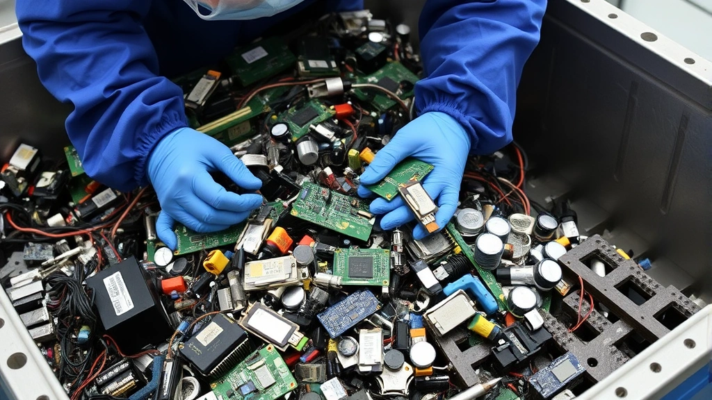 Technician sorting electronic waste components for recycling, with circuit boards and metal parts visible, representing circular economy solutions