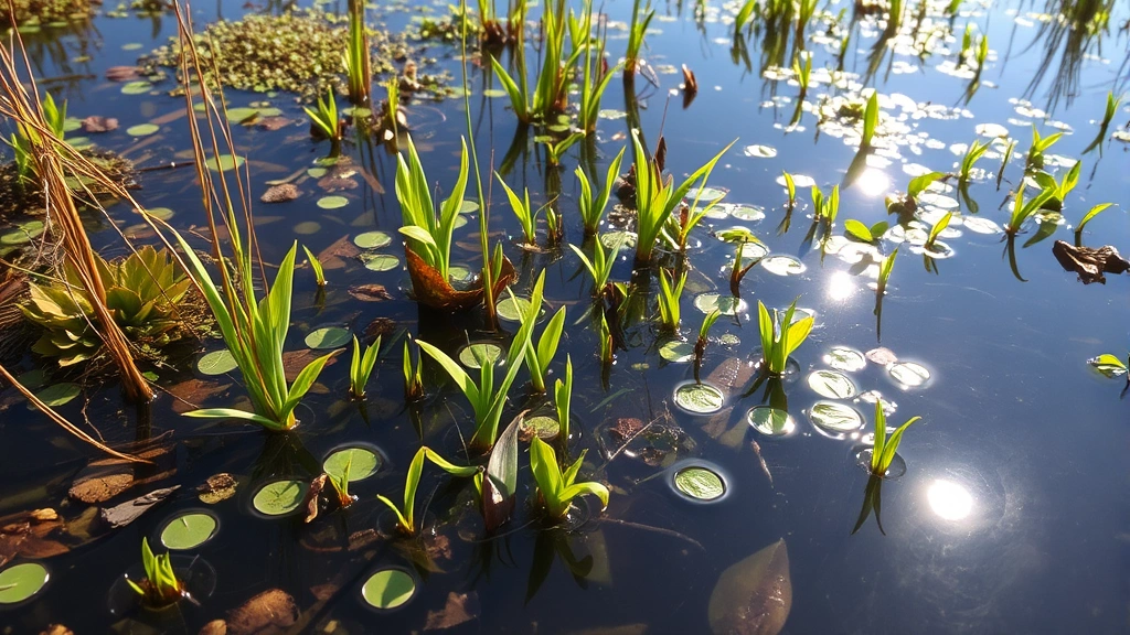 Wetland restoration project with native plants emerging from water, professional ecological engineering work in progress, natural sunlight reflecting on water surface, diverse vegetation growth