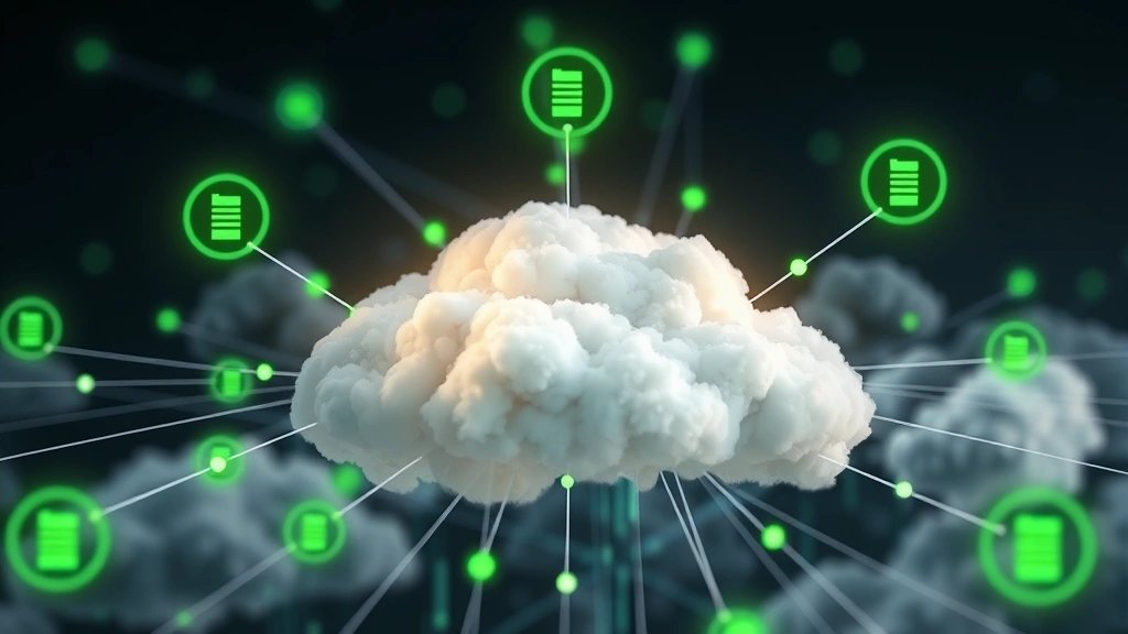 Photorealistic image of cloud infrastructure visualization with interconnected nodes and green energy indicators, abstract but representing data flow and optimization, no charts or text overlays