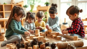 Diverse group of young children playing with natural materials including wood blocks, pine cones, and water in a bright, naturally-lit classroom with plants and wooden furnishings visible, children engaged in collaborative exploration