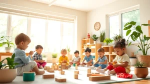 Natural light streaming through large windows into a bright, colorful early childhood classroom with diverse children aged 2-4 engaged in play with natural materials, wooden blocks, and plants, warm and welcoming atmosphere, photorealistic
