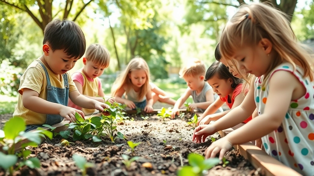 Outdoor early childhood learning space with children exploring a garden area, touching soil and plants, natural sunlight filtering through trees, diverse children of different ages engaged in hands-on nature discovery