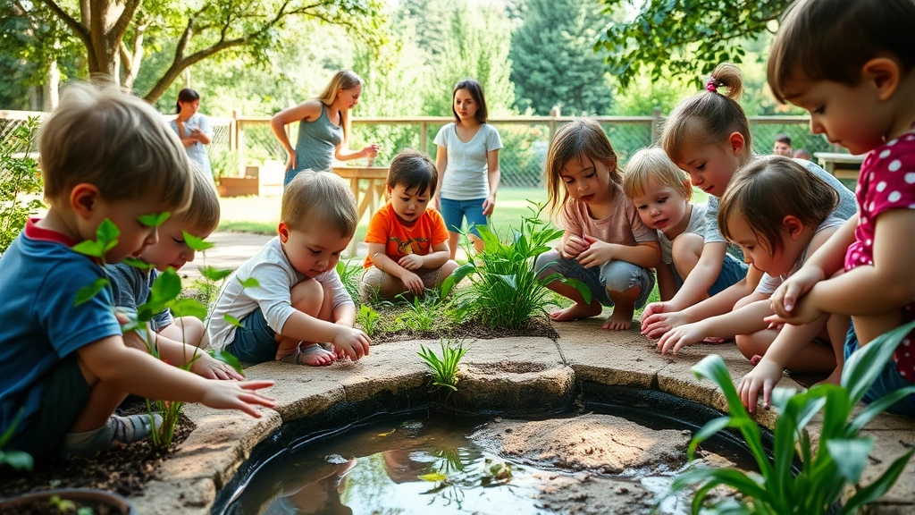 Outdoor early childhood learning environment with toddlers and preschoolers exploring nature—touching plants, playing in sand, observing insects near water feature, diverse children and educators, natural lighting, peaceful ecological setting