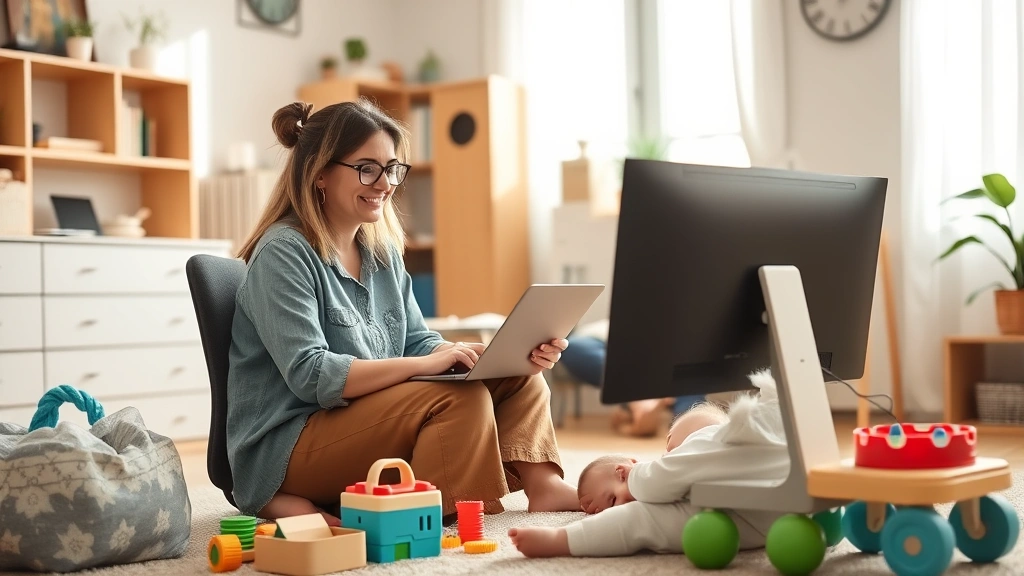 Multi-generational family scene: mother at computer working remotely while toddler plays safely nearby with educational toys, home office setup with natural light, evidence of economic productivity and childcare integration, warm household environment