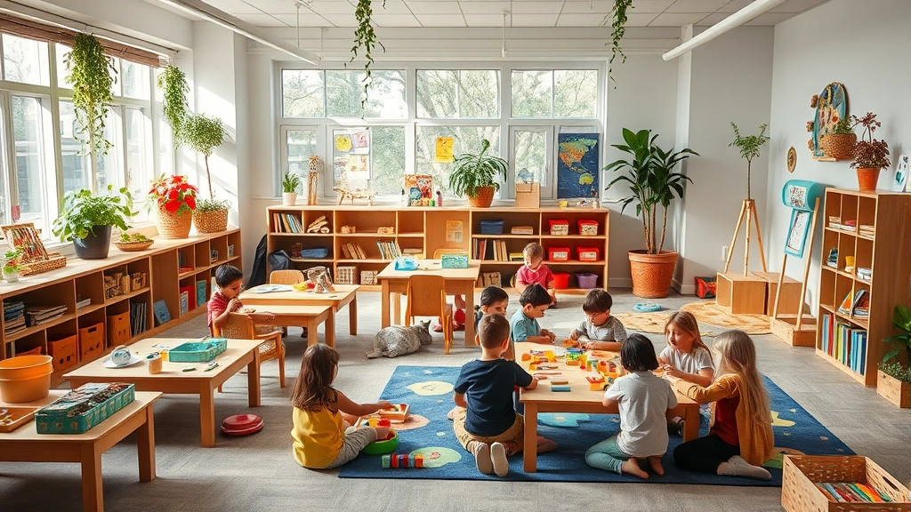 Interior early childhood classroom showing organized learning centers with accessible materials, diverse children playing with blocks and dramatic play props, warm lighting from windows, plants and natural elements integrated throughout the space