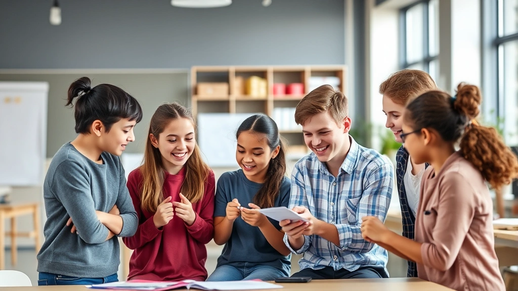 Diverse group of adolescents in modern classroom or workplace setting, displaying confidence and collaboration, engaged in complex problem-solving or professional discussion, suggesting long-term outcomes of quality early childhood experiences, contemporary educational environment