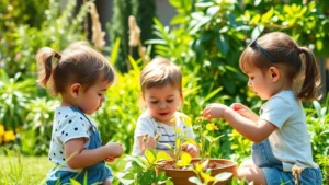 Young children engaged in outdoor learning activities in lush green garden setting with natural light, demonstrating environmental enrichment and cognitive development interaction