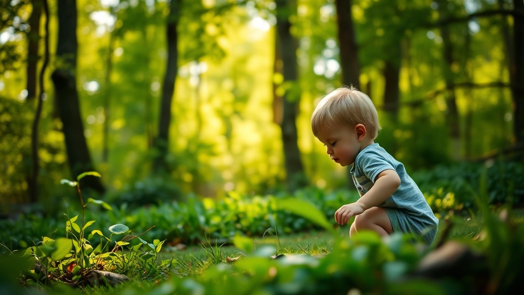 Young child playing in lush green forest with morning light filtering through trees, exploring natural environment with curiosity, photorealistic, shallow depth of field focusing on child