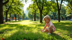 Young child playing in a lush urban park with green grass, trees, and natural light filtering through leaves, depicting healthy early environment development