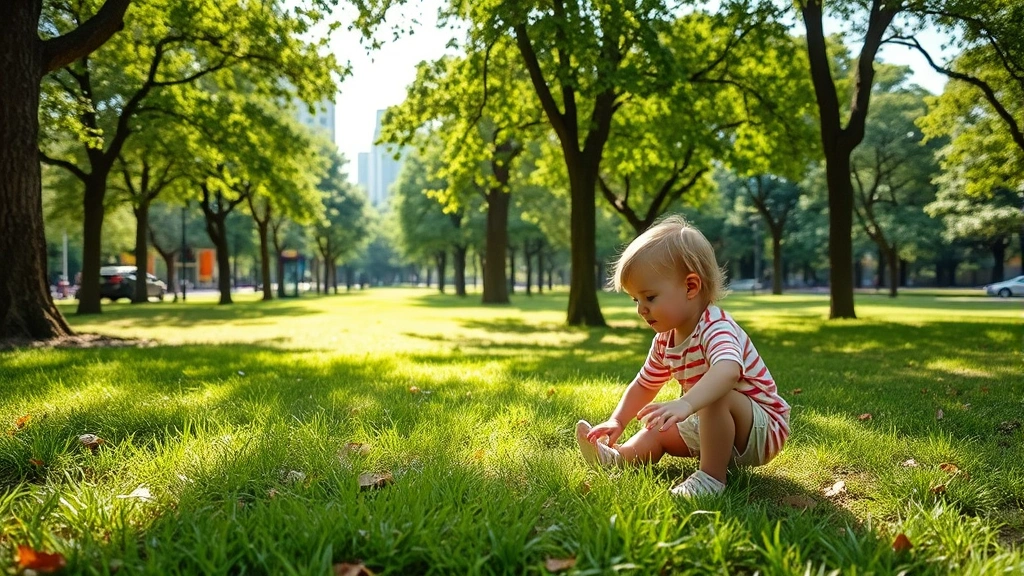 Young child playing in a lush urban park with green grass, trees, and natural light filtering through leaves, depicting healthy early environment development
