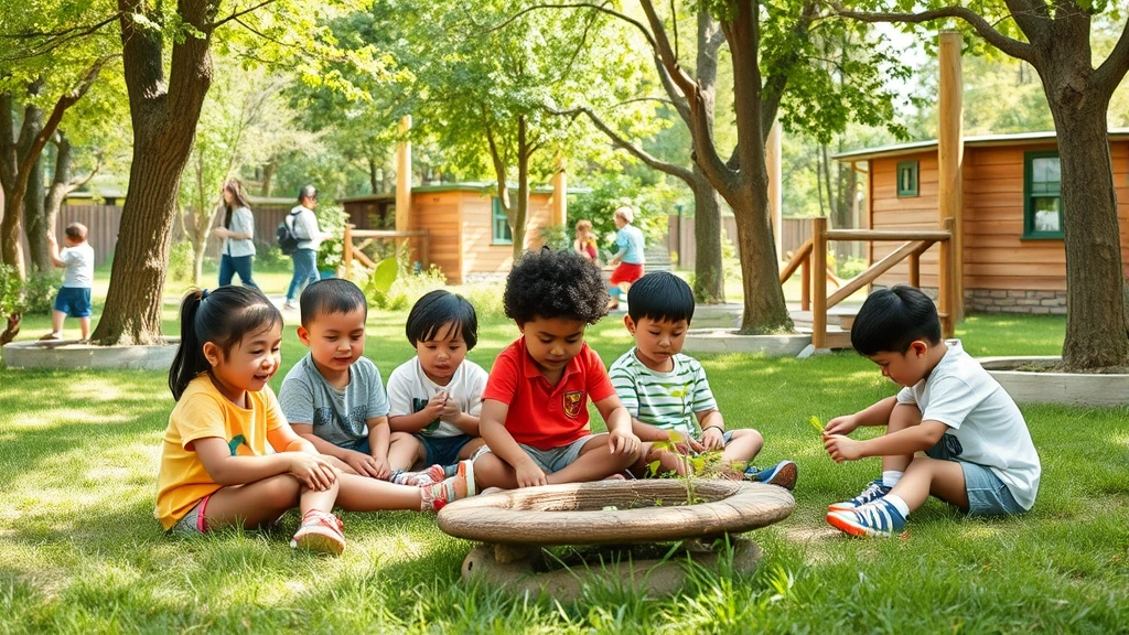 Diverse group of preschool children playing in nature-rich early childhood facility with trees, grass, and natural materials, showing environmental quality and developmental engagement