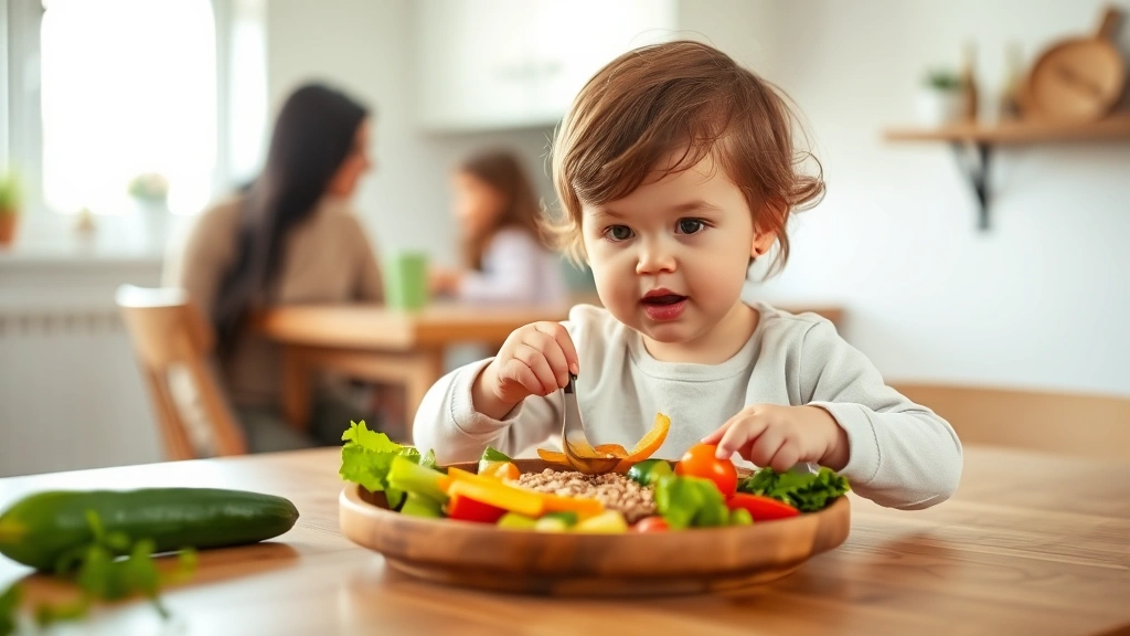Toddler eating nutritious meal of fresh vegetables and whole grains at wooden table, clean bright kitchen environment, natural window light, parents visible in soft focus background