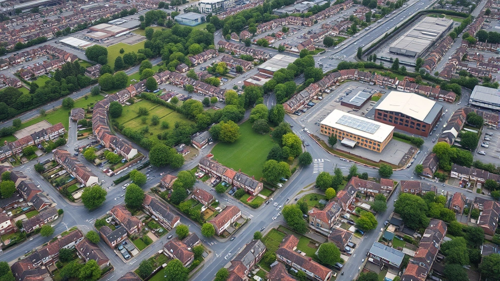 Aerial view of mixed residential neighborhood showing contrast between green spaces and industrial areas, illustrating environmental inequality in urban childhood settings