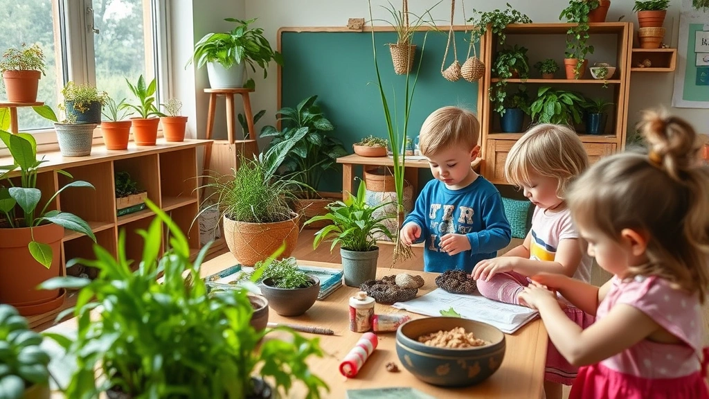 Early childhood classroom featuring natural elements, green plants, and connections to outdoor ecosystems with children exploring environmental materials and learning through ecological interaction