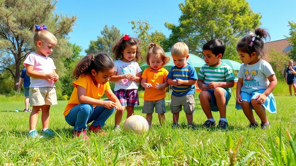Group of diverse children engaged in educational play in natural outdoor setting with grass, trees, and clear blue sky, demonstrating active learning and environmental interaction