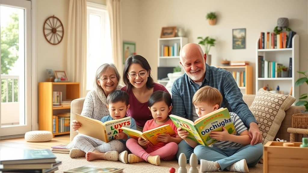 Multi-generational family in a bright, well-maintained home with natural light, books, and educational materials, representing enriched early childhood environment