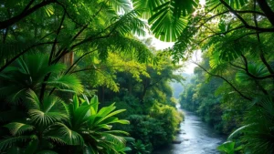 Lush tropical forest canopy with dense green vegetation, sunlight filtering through leaves, river flowing through forest landscape, photorealistic, no text or labels