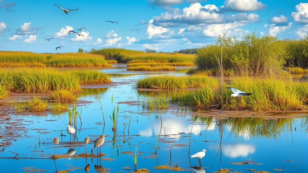 Diverse wetland ecosystem with water, marsh grasses, birds, and reflected sky, showing biodiversity and water purification landscape, photorealistic, vibrant natural colors
