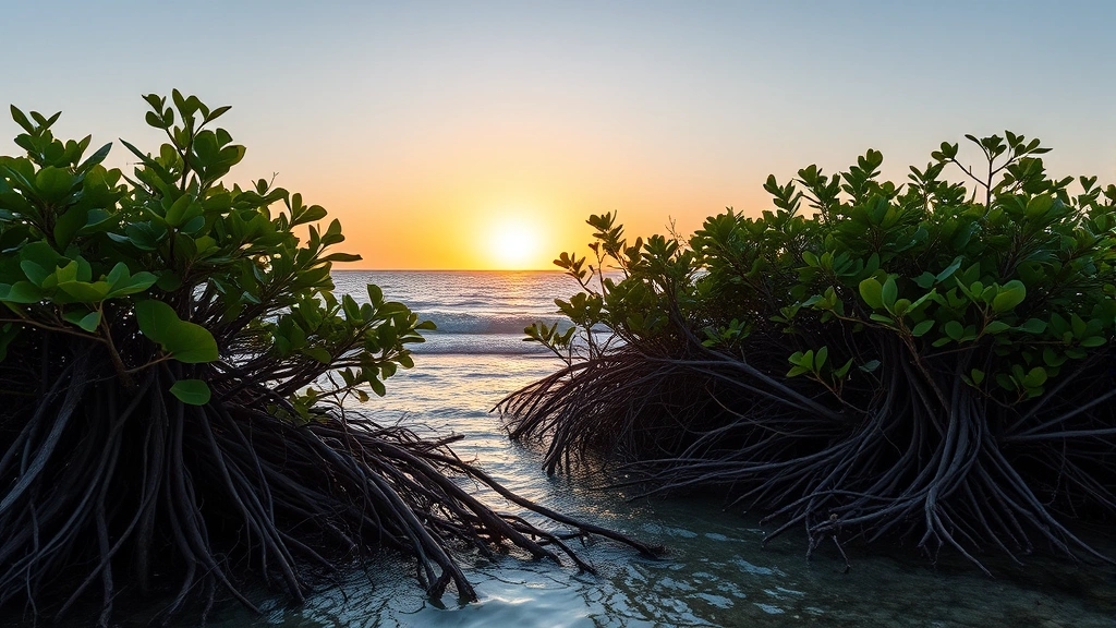 Coastal mangrove forest meeting ocean water, intricate root systems visible, sunset lighting, tropical setting showing natural coastal protection barrier, photorealistic, no text